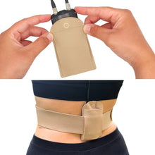 Beige pouch with snap closure, worn on a belt strap waistband.