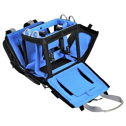 Adjustable lift frame with straps and support bars on blue-and-black audio bag