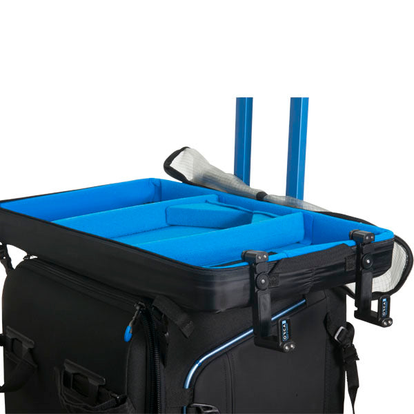 Audio bag lift system on blue-and-black bag; mounted black support frame