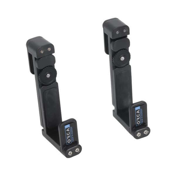 Aluminum lift system bracket with hinged arm and base plates, black finish