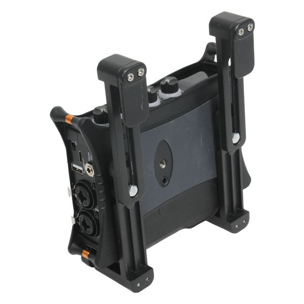 Black aluminum lift bracket with mounting plates and hinged posts, adjustable