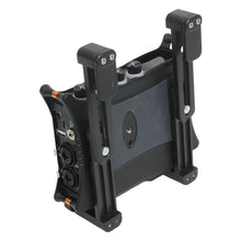 Black aluminum lift bracket with mounting plates and hinged posts, adjustable