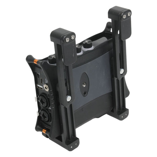 Black aluminum lift bracket with mounting plates and hinged posts, adjustable