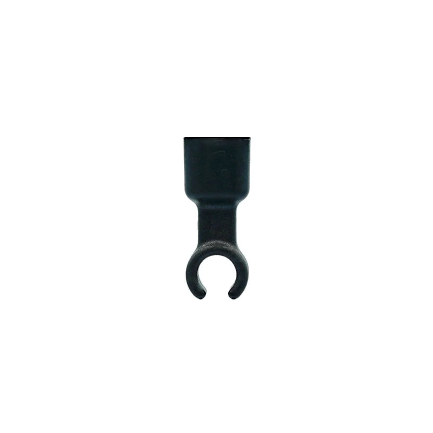 Black shock mount clip with curved fork prongs and top mounting tab