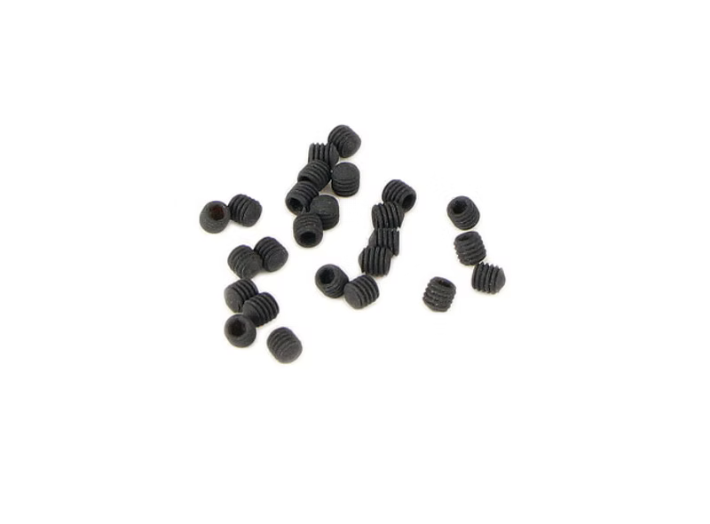 Pack of 25 low-profile 3mm grub screws in dark metal for XLR connectors