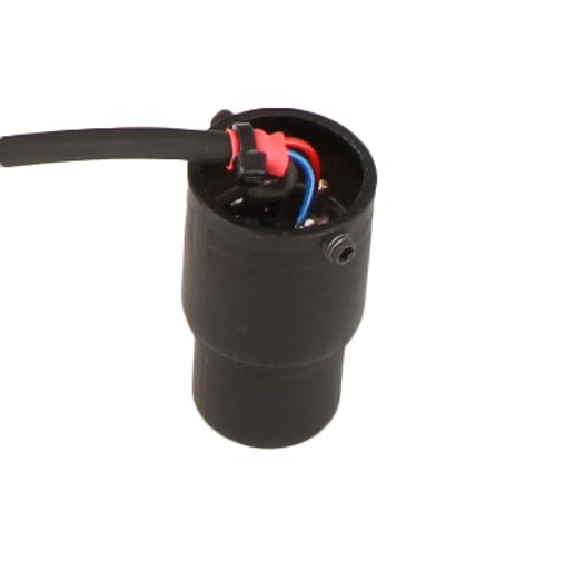 Low-profile XLR connector body with wire leads and mounting hole, black plastic