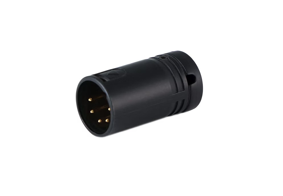 A-Shell 5-pin XLR male right-angle connector, black with exposed pins