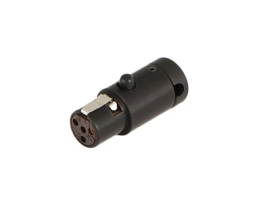 Black low-profile right-angle mini XLR connector with screw-in cable clamp