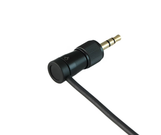 Low-profile right-angle 3.5mm TRS screw-lock audio connector with black cable