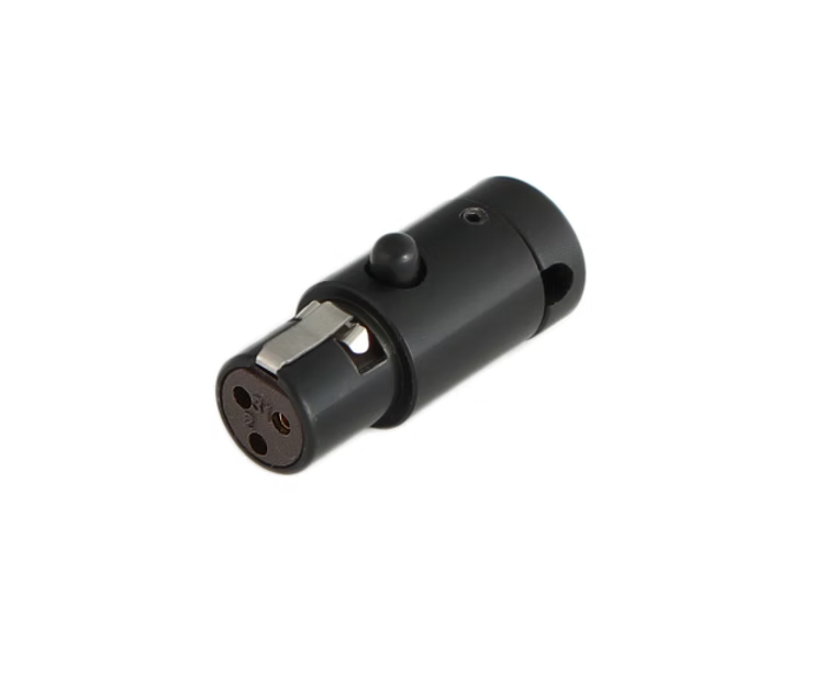 Black low-profile right-angle TA3F mini XLR connector, threaded metal and 3-pin end