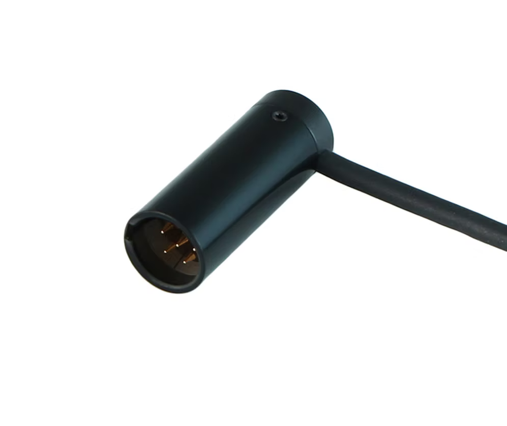 Right-angle 5-pin male mini XLR connector with exposed gold contact pins