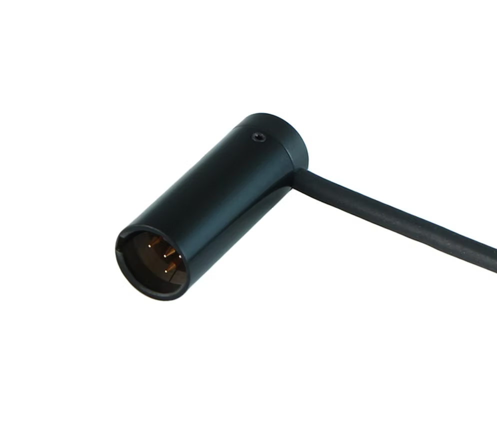 Black right-angle 4-pin mini XLR male connector with attached cable