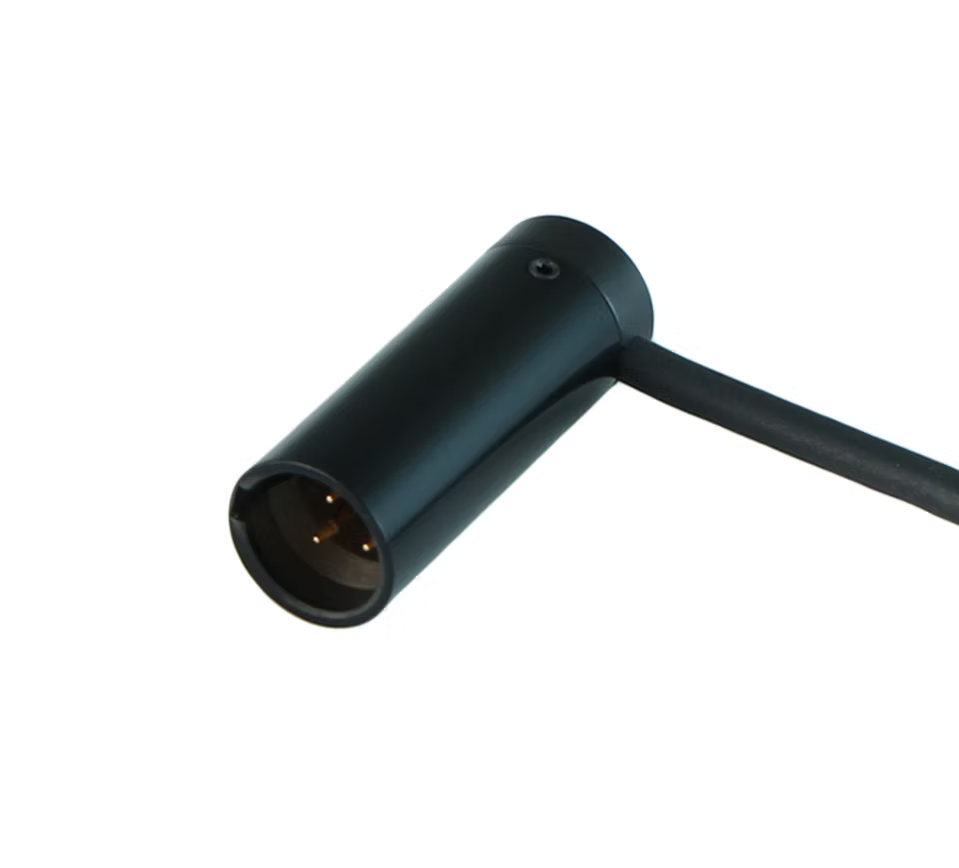 Low-profile right-angle 3-pin mini XLR male connector with black cable