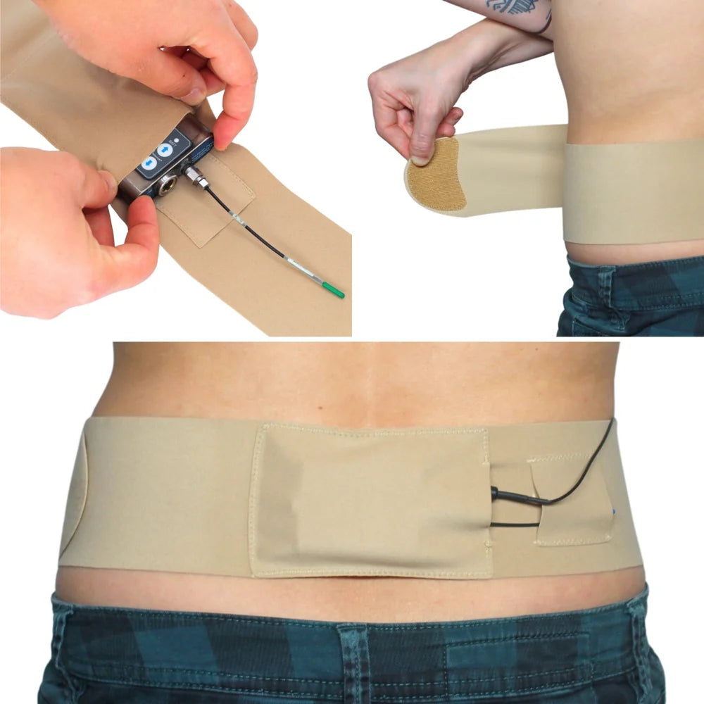Beige waist strap with side pouch, hands fastening a cable to the pouch