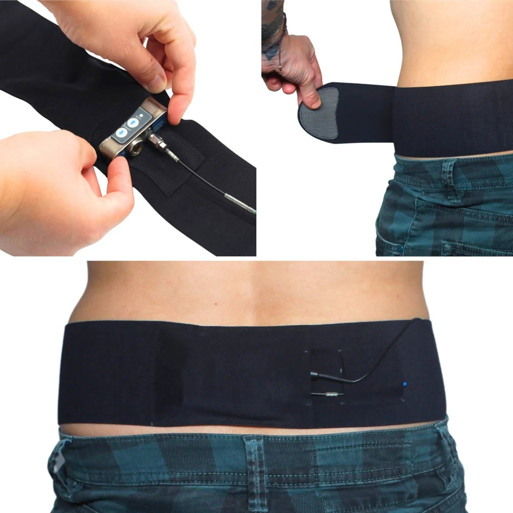 Black waist strap with side pouch, hands attach a device with connected cable