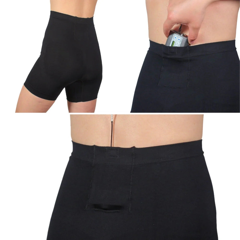 Black compression shapewear shorts with front pouch and contoured waistband