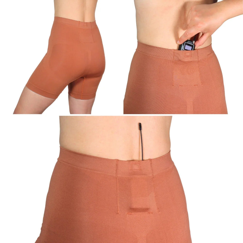 Brown shapewear shorts with front pouch and rear seam panel, two angles