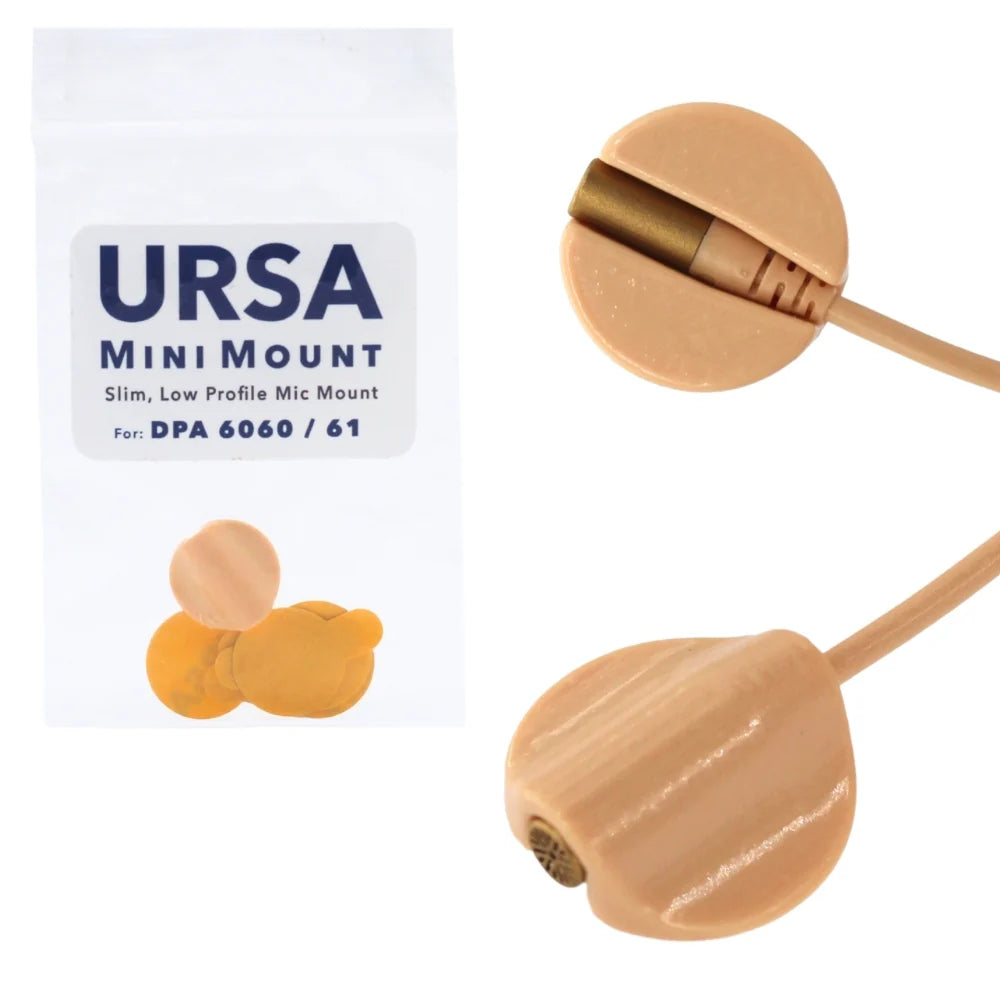 Beige mini microphone mount with mesh grille dome on cable, shown with card