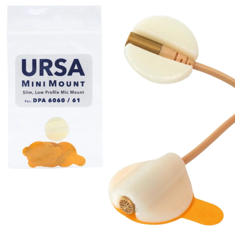 Cream mini microphone foam mount with brown tube inside, plus retail package display