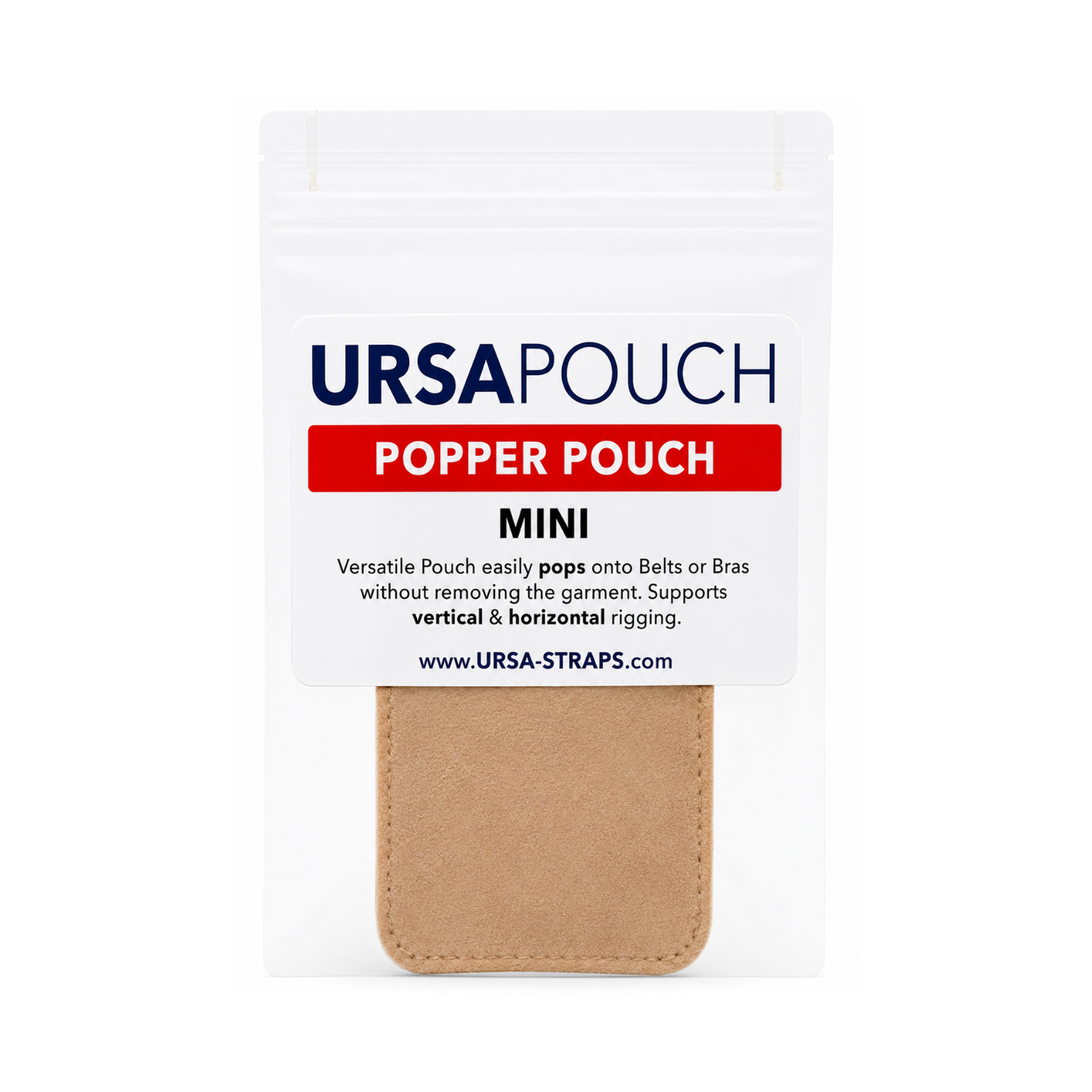 Beige mini snap pouch with top card backing and metal snap front panel