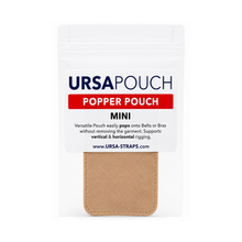Beige mini snap pouch with top card backing and metal snap front panel