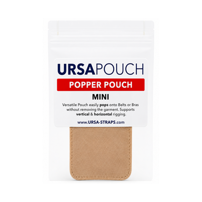Beige mini snap pouch with top card backing and metal snap front panel