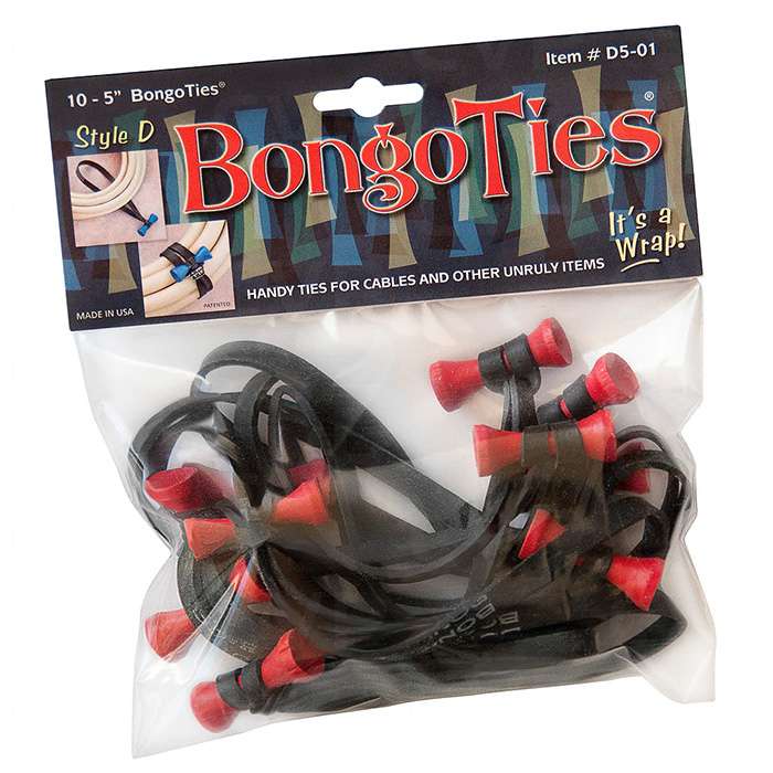 Bongo Ties cable ties, black cords with red cone ends in clear bag