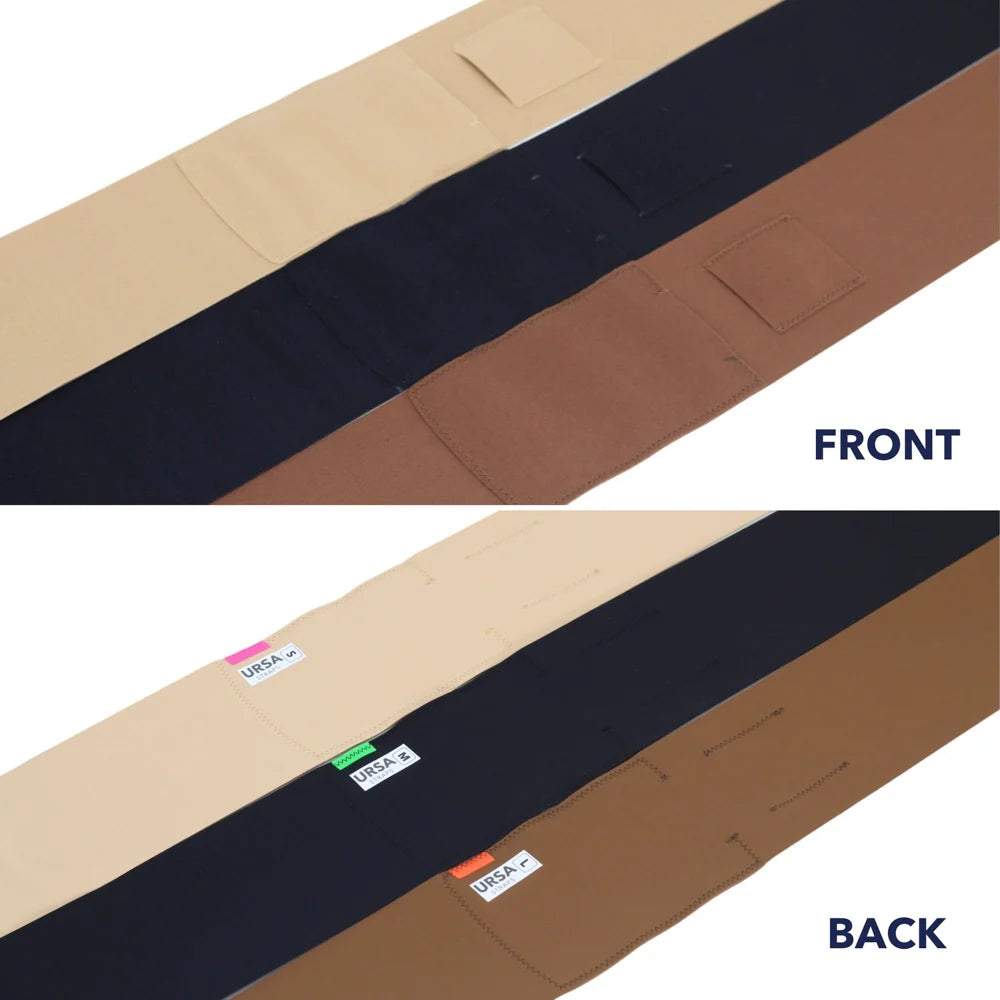 Beige waist strap with sideways pouch, front and back views