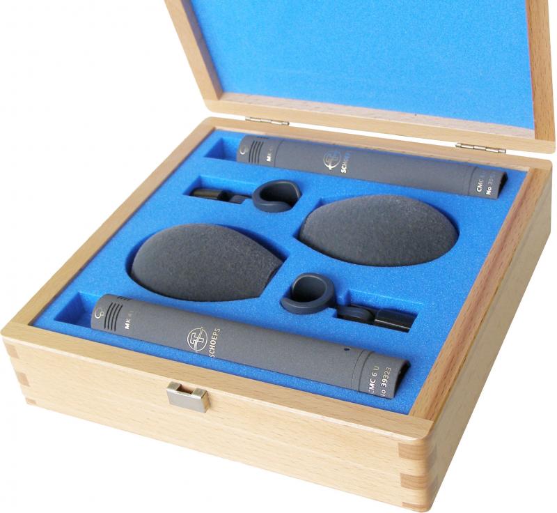 Schoeps MK 41 stereo set in wooden case with blue foam inserts and windscreens