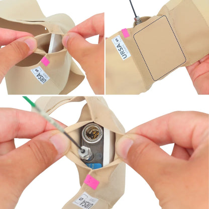 Beige heat shield pouch with fabric loop and stitched opening, held in hands