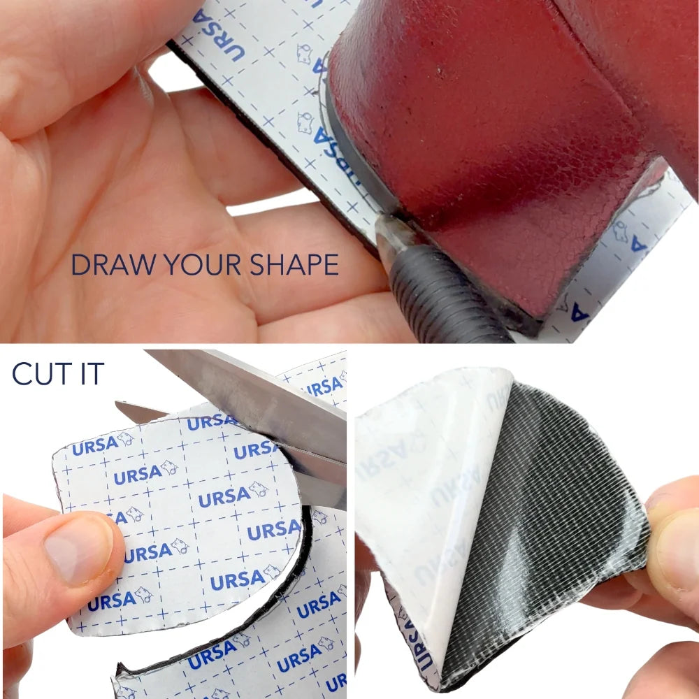 Dark gray sole cover applied to a red leather shoe heel