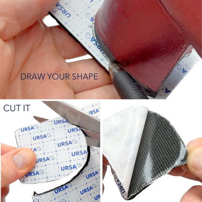 Dark gray sole cover applied to a red leather shoe heel