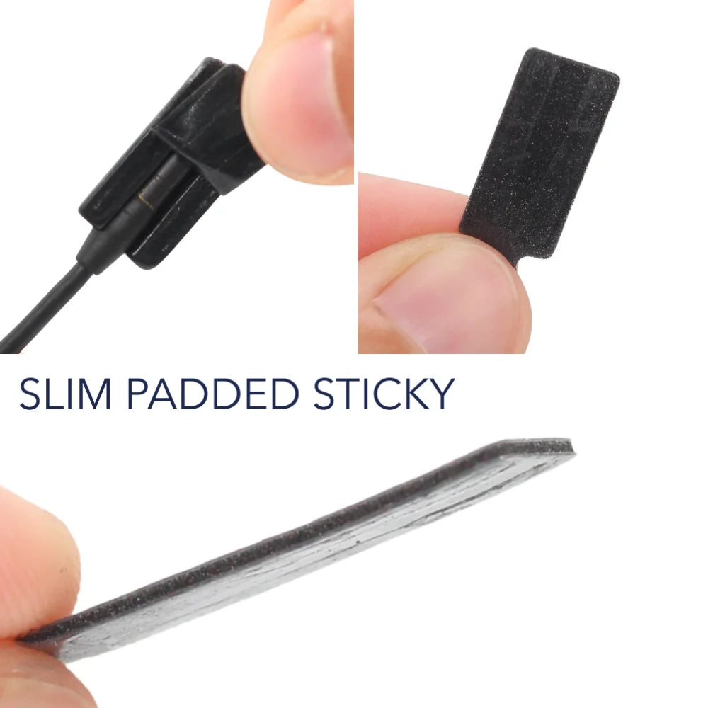 Slim padded mini mount stickies adhesive pad with backing lifted, close-up