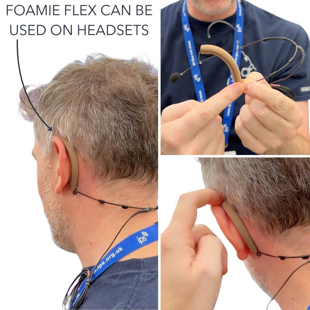 Caramel RF antenna saver foam placed along a headset antenna wire