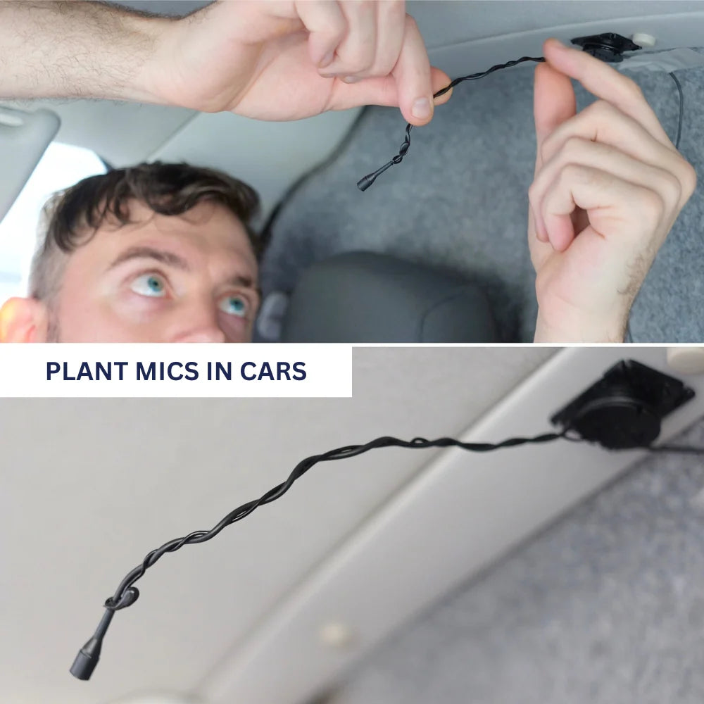 Wired URSA clip mic leads adjusted near car headliner; hands holding the cords