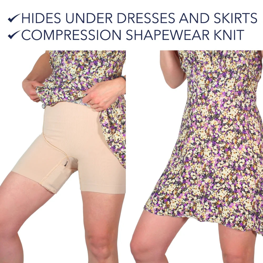 Beige shapewear shorts worn under a floral dress, mid-thigh coverage