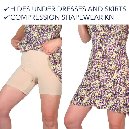 Beige shapewear shorts worn under a floral dress, mid-thigh coverage
