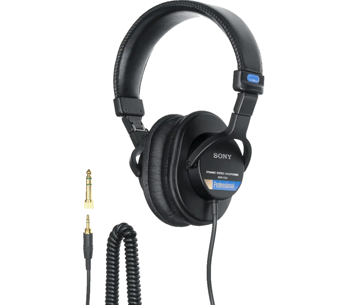 Black over-ear headphones with SONY badge, padded earcups, and 3.5mm audio plug cable