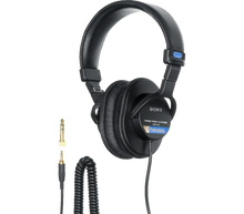 Black over-ear headphones with SONY badge, padded earcups, and 3.5mm audio plug cable
