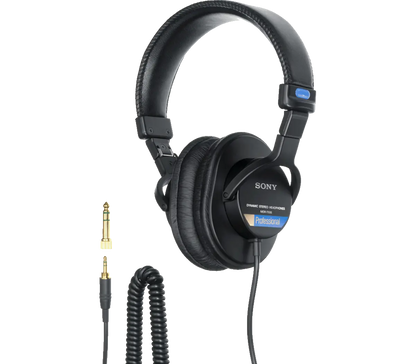 Black over-ear headphones with SONY badge, padded earcups, and 3.5mm audio plug cable