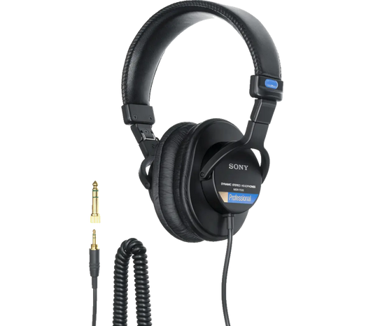 Black over-ear headphones with SONY badge, padded earcups, and 3.5mm audio plug cable