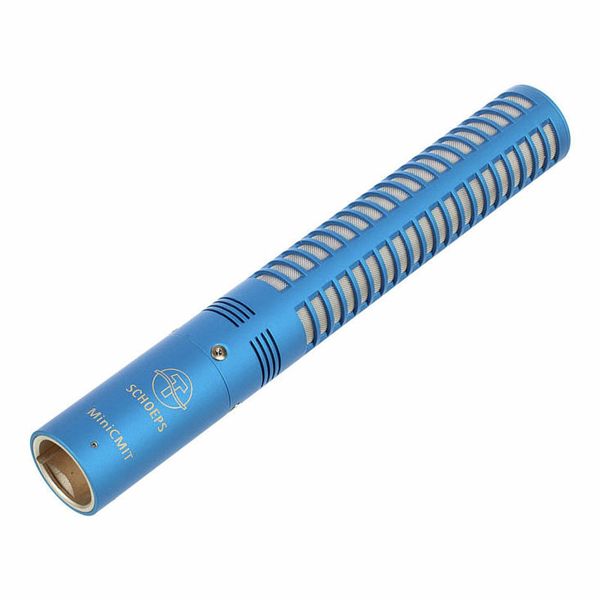 Blue miniature shotgun microphone with cylindrical grille and end capsule