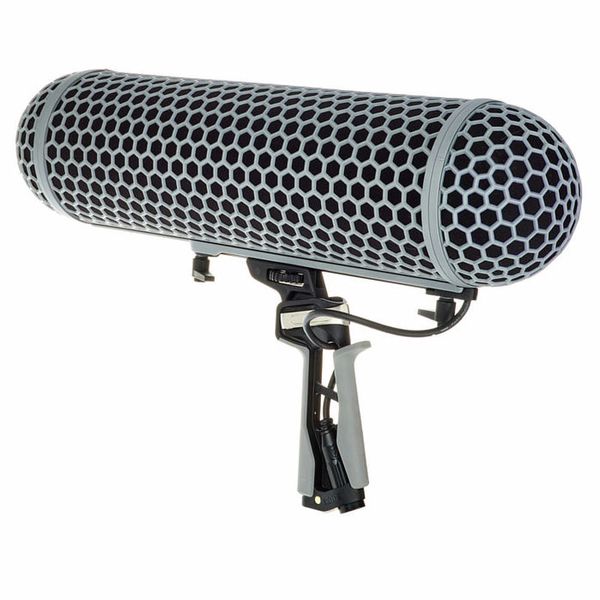 Gray mesh microphone windshield with shock mount frame