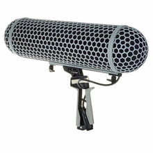 Gray mesh microphone windshield with shock mount frame