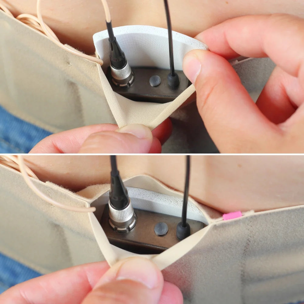 Beige heat shield pouch with two cable ports and black electronic connectors