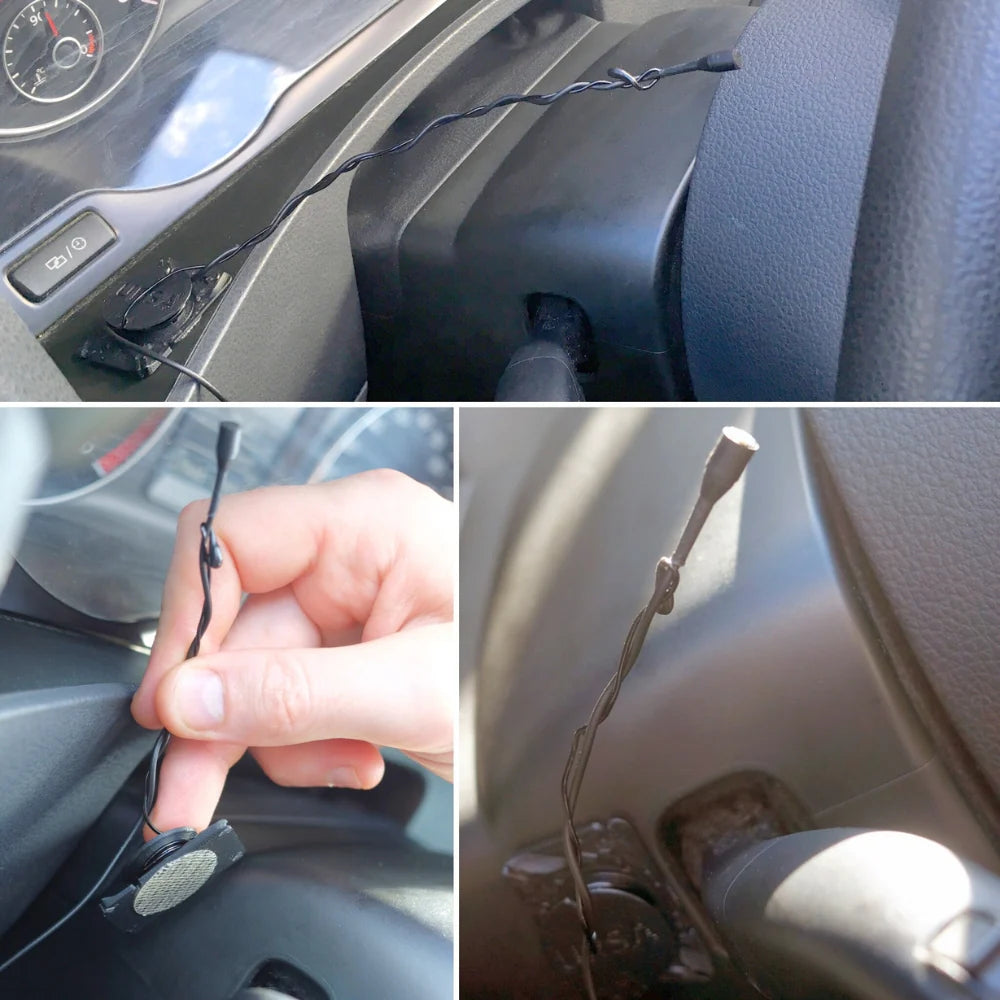 Car dashboard area with URSA clip mic and dangling wires near the center console