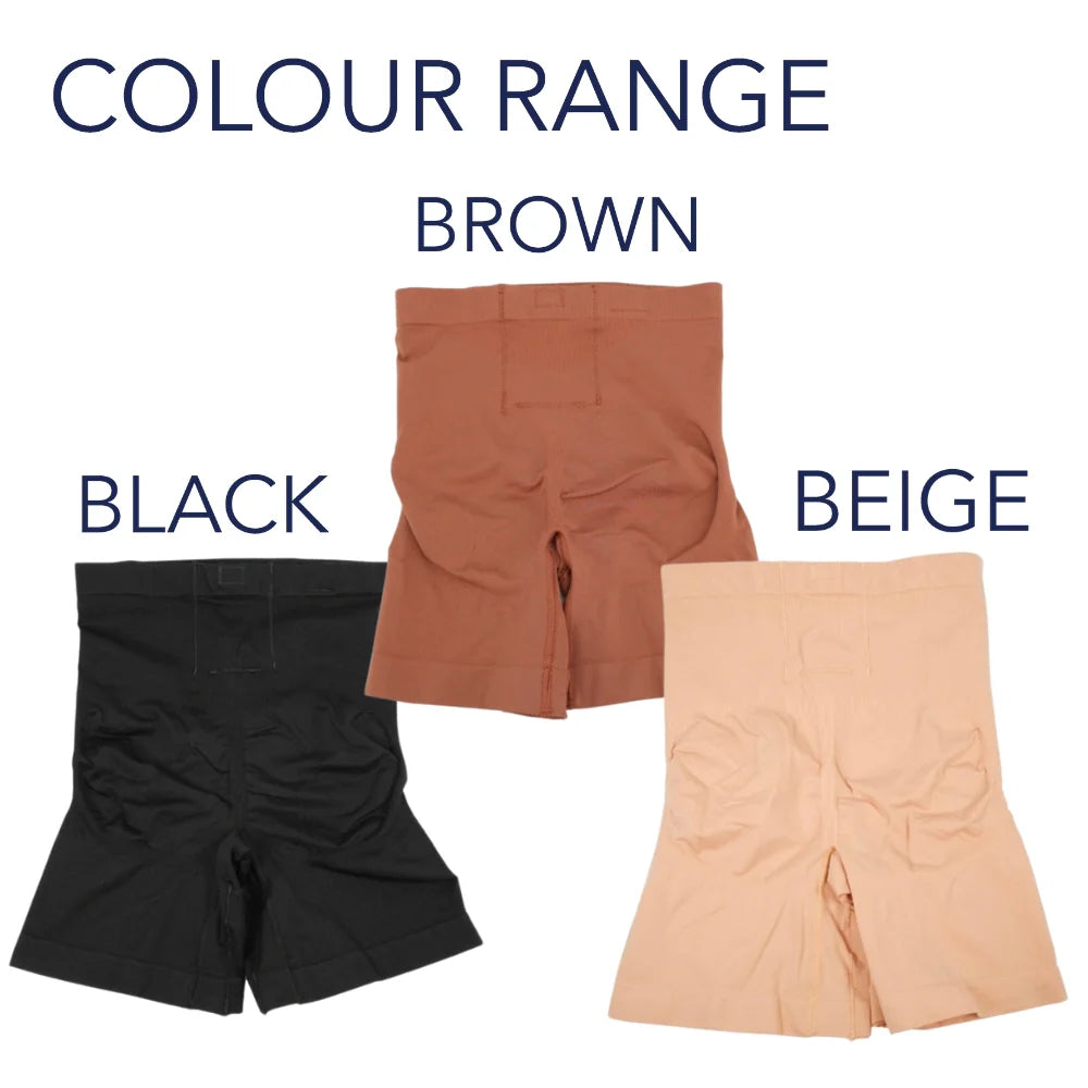 Shapewear shorts colour range showing black, brown, and beige styles