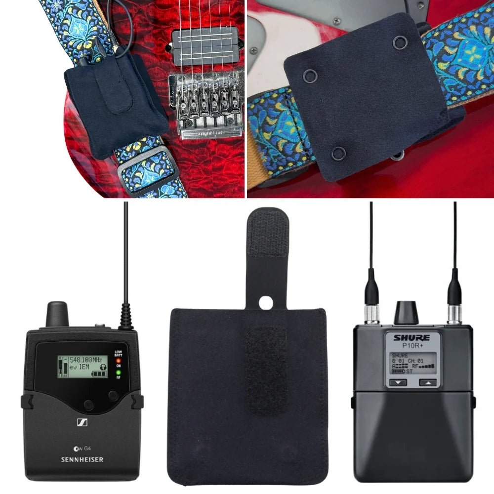 Black fabric pouch with snap-button flap, front/back views