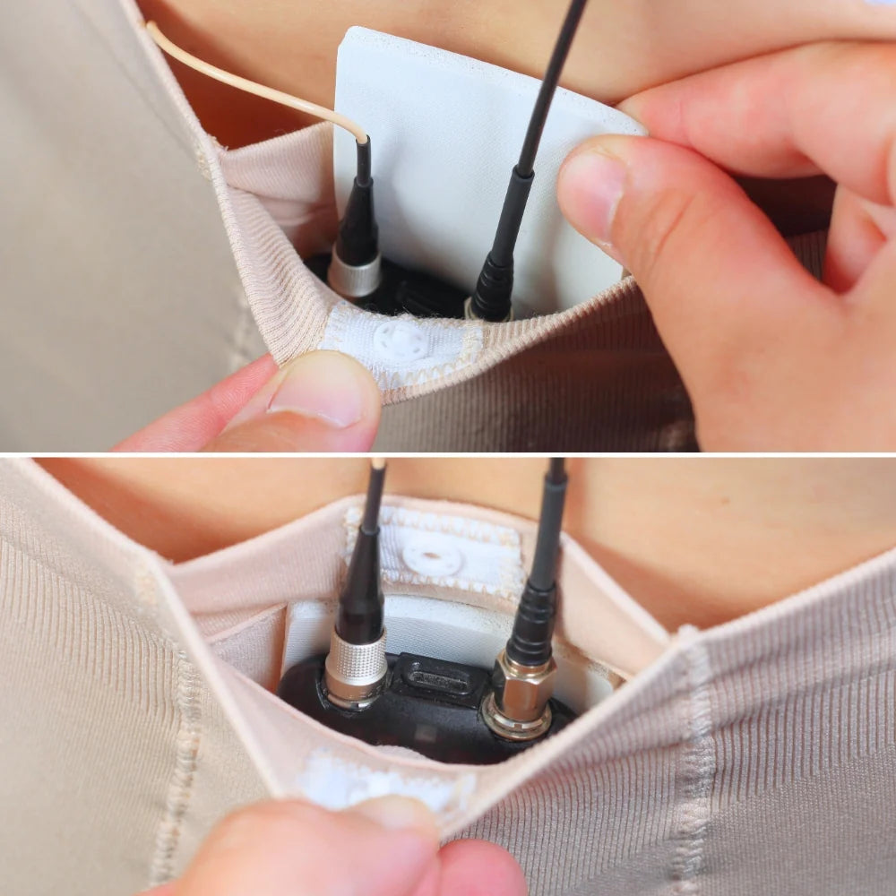 Beige heat shield pouch protecting cables with black connectors inside opening