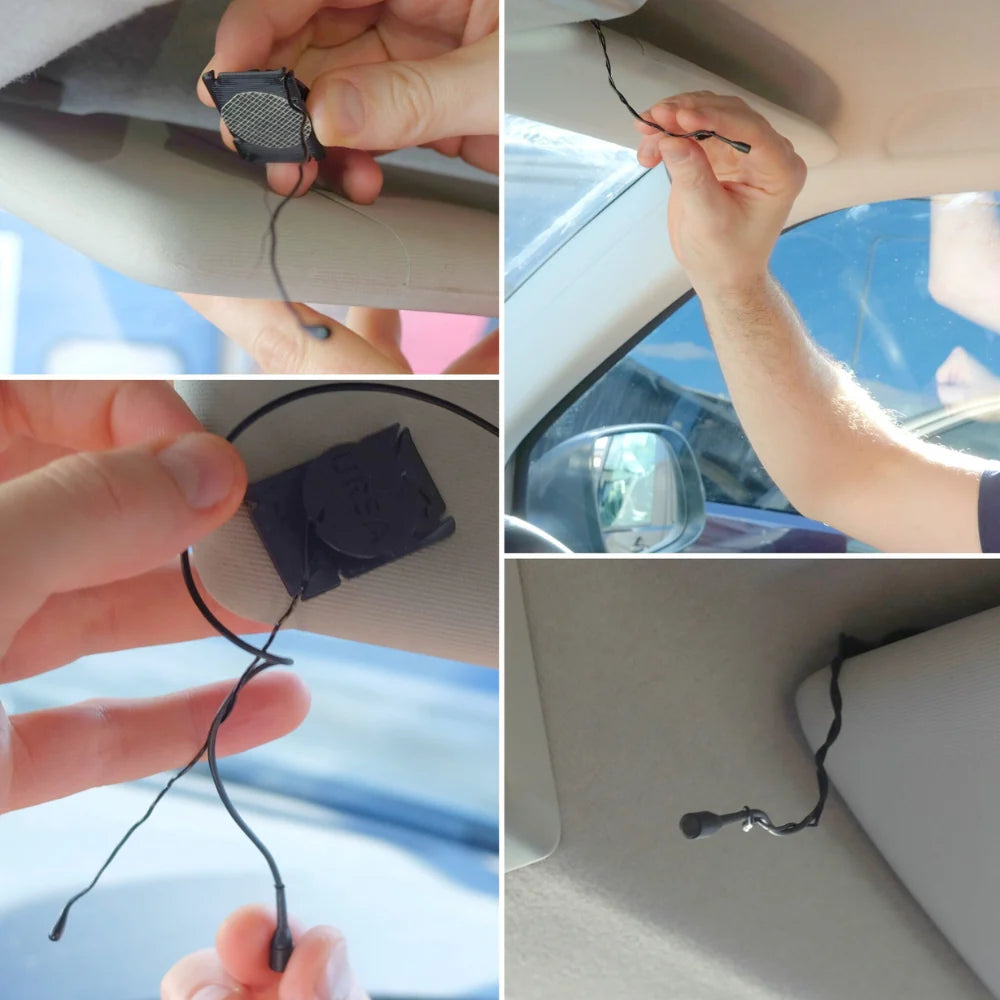 URSA clip mic attached with cord in car ceiling area; hands route the wire